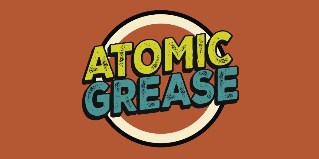 Atomic Grease logo on matte red background